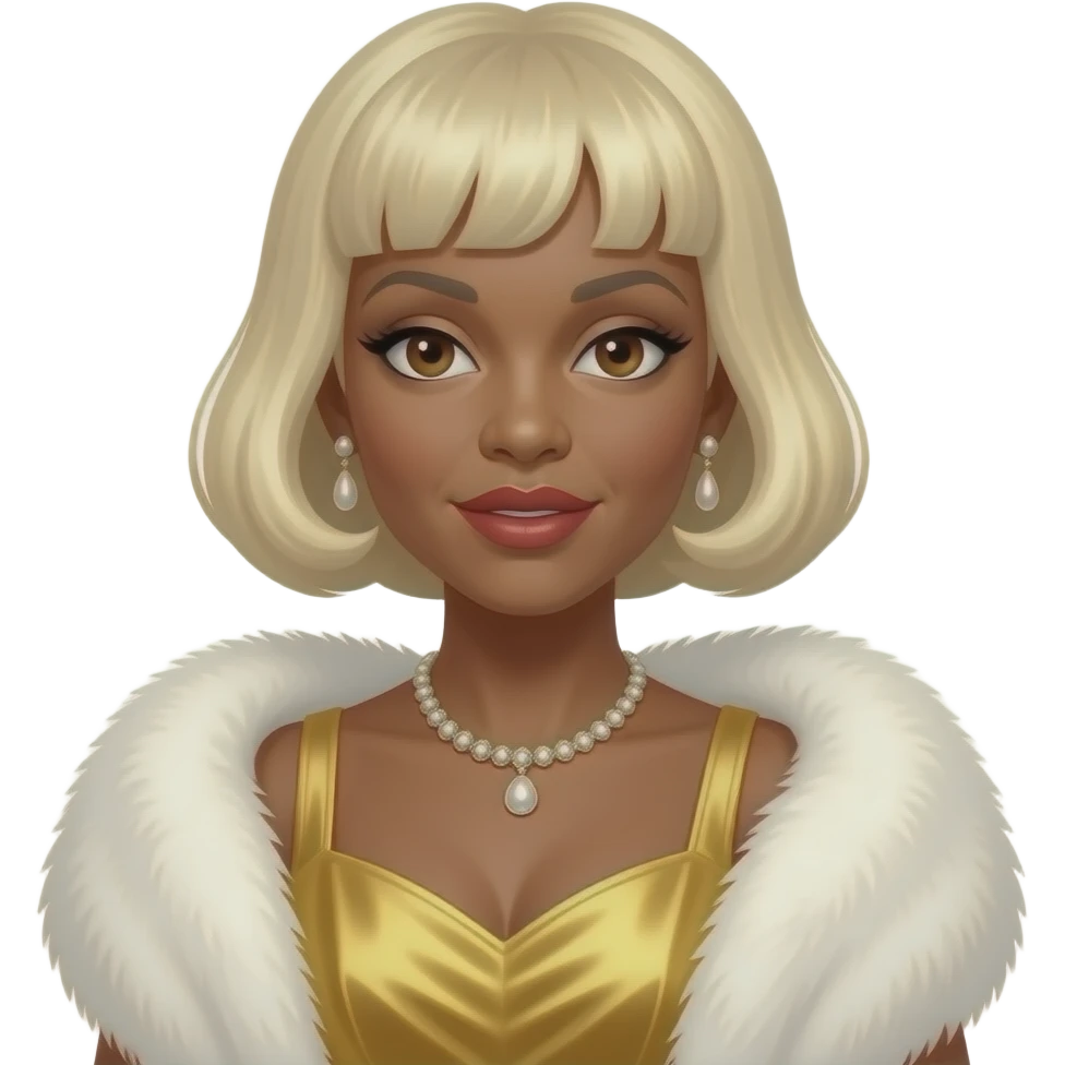 Etta James with brown eyes, platinum blonde 1950s bubble cut hair, gold dress, white fur shawl, necklace and earrings emoji