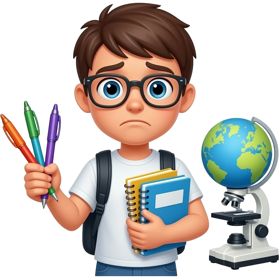 розгублений учень який тримае три ручки два зошита глобус й мікроскоп emoji