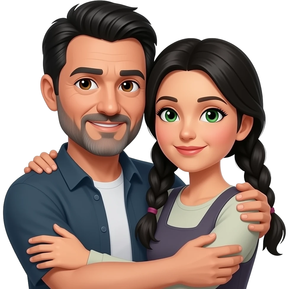 Black haired middle aged guy with sweeping straight bangs, brown eyes olive skin and gray beard hugging a black hair middle age woman with long pigtails and  green eyes emoji