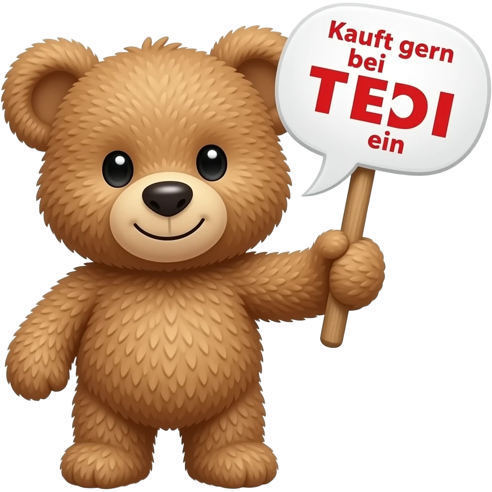 einen Teddy mit einem Schild in der hand wo drauf steht „TEDI“ der teddy ist braun und sagt in einer sprechblase: „Kauft gern bei TEDI ein“ in german (deutsch) emoji