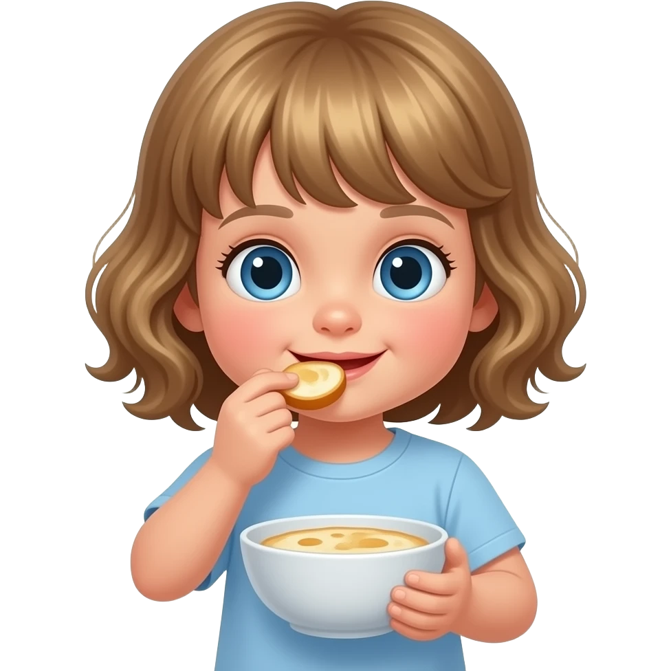 white kid blue eyes mid length with bangs soft curly hair to shoulders in color: middle to little darker blonde, eating breakfast emoji