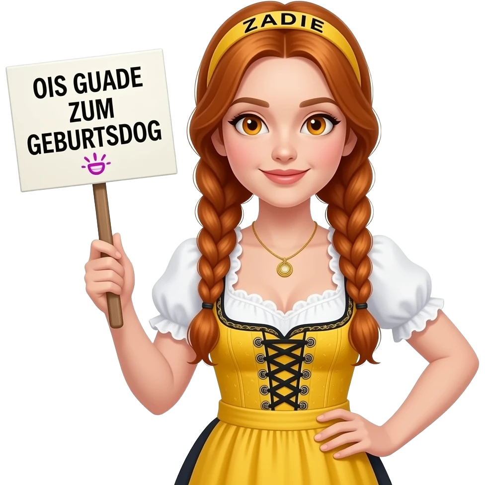 sexy girl with overlong ginger braids and ginger eyes wearing a yellow dirndl and a yellow headband with ZADIE written on it, is holding a sign with OIS GUADE ZUM GEBURTSDOG 🎂 written on it emoji