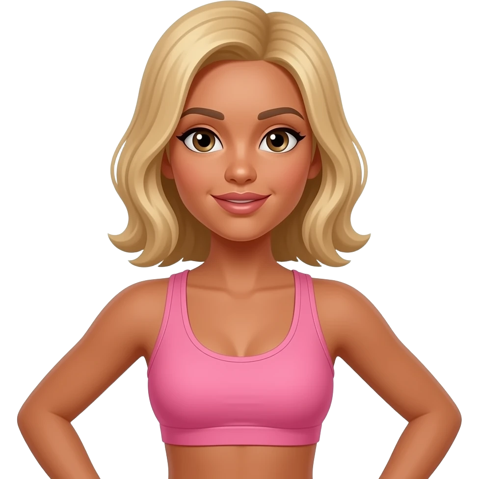 woman with tanned skin, elbow length blond hair, wearing a pink sports bra, doing exercise on a Pilates emoji
