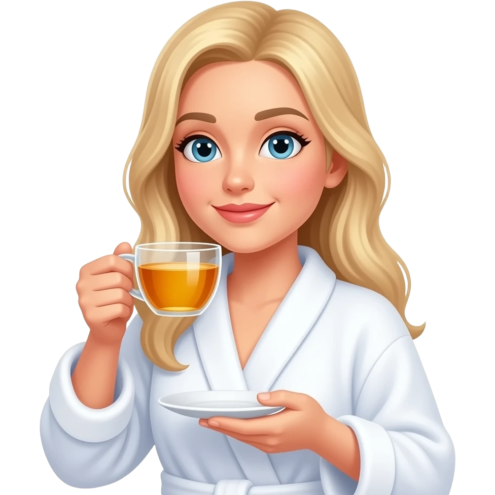 Blonde in a white spa robe relaxing girl drinking tea emoji