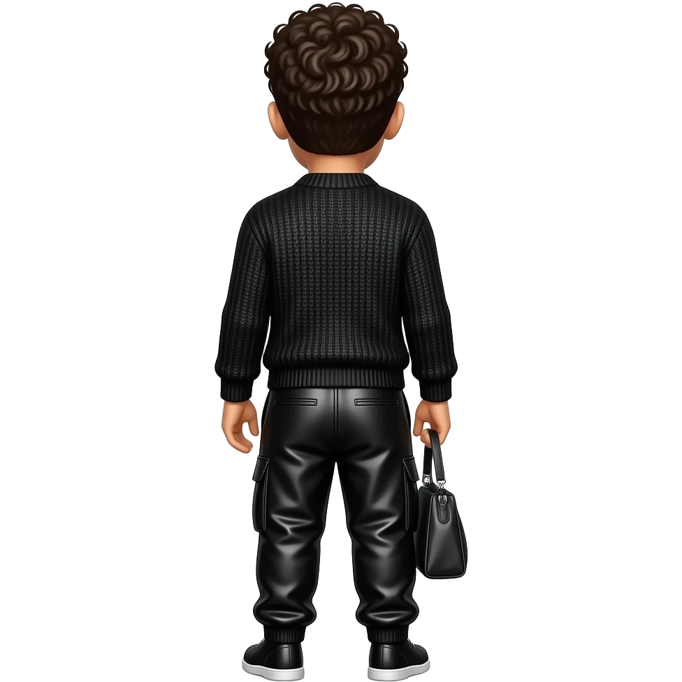 Bruno Mars from behind with dark brown curly hair, black metallic sweater, black metallic baggy joggers emoji