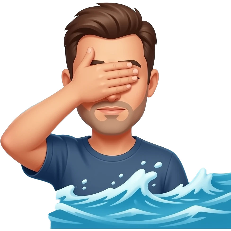 Hand covering eyes man with waves emoji