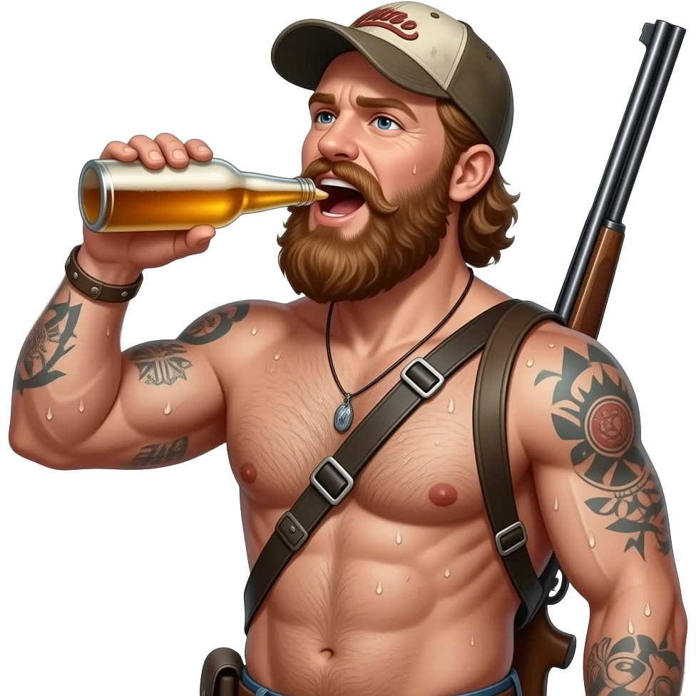 Portrait von einem nackten, typischen redneck mit alten cap und tattoos. Er ist maskulin, behaart. Seine Haut ist staubig und verschwitzt. Er gießt sich von oben ein Bie in den offen Mund, er hat eine Schrotflinte um seinen Rücken umgehängt. Er hat ein ungepflegten, zottligen lange Bart. emoji