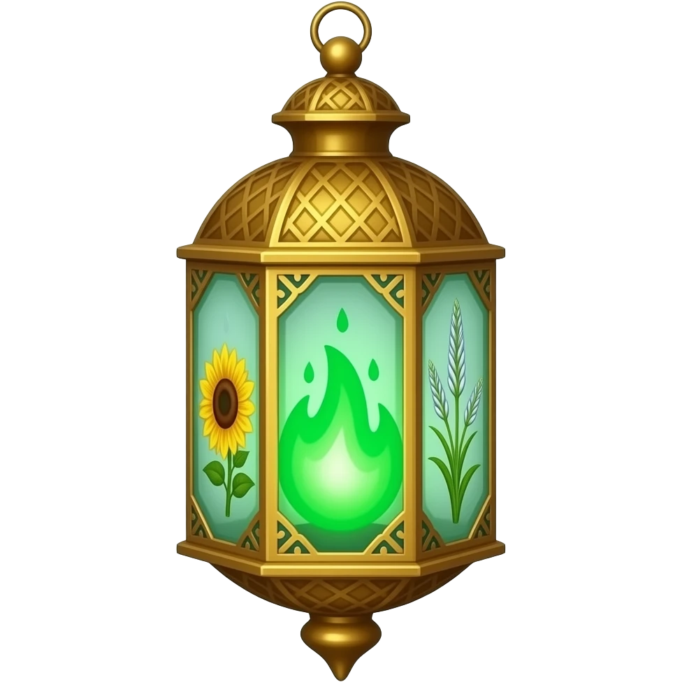 A golden hanging lantern with a bright emerald flames, an empty loop on top, sunflower & asphodel themed, but simple focus more on the green flames, paint the glass more green, have its bottom point come to some sort of point emoji