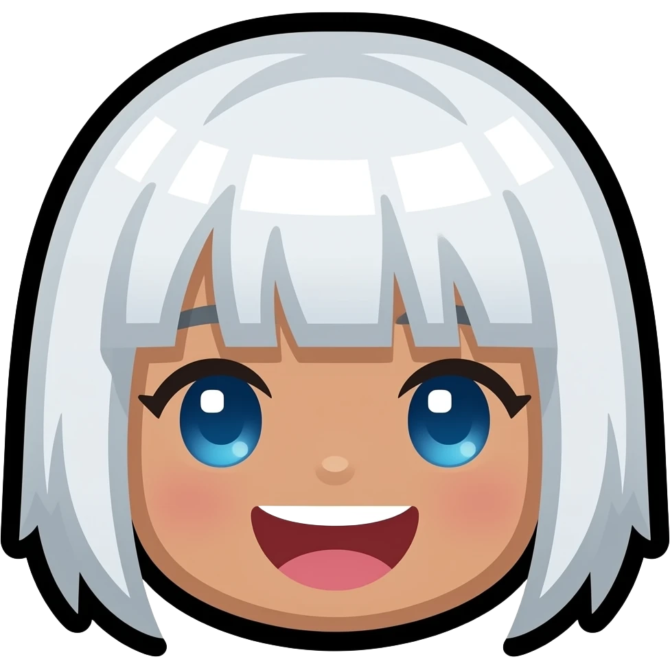 8-bit Chibi square pixelated head icon of a girl laughing white white short hair blue eyes pixel square eyes and brown skin emoji