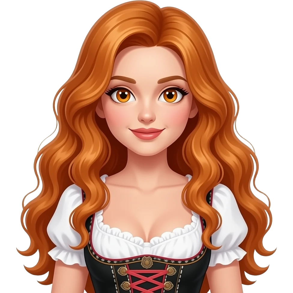sexy girl with overlong wavy ginger hair and ginger eyes is wearing a dirndl emoji