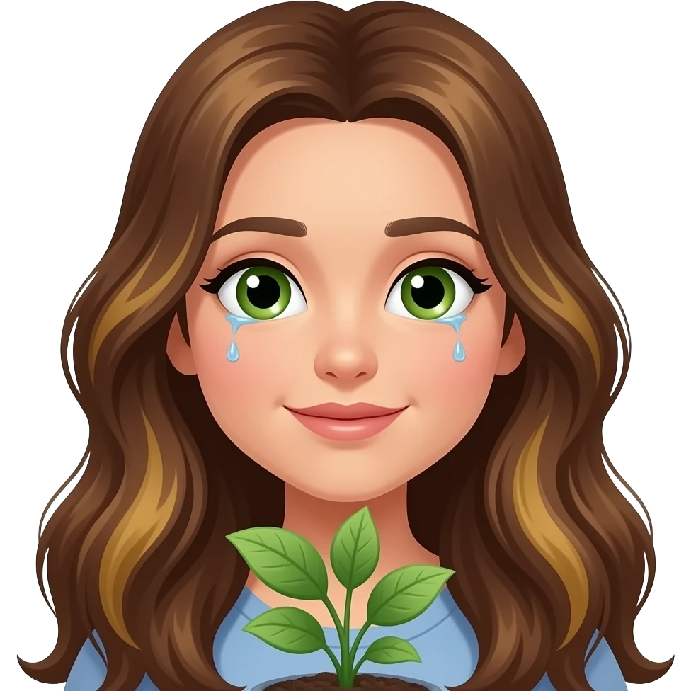 long brown hair with highlights green eyes watering plant emoji