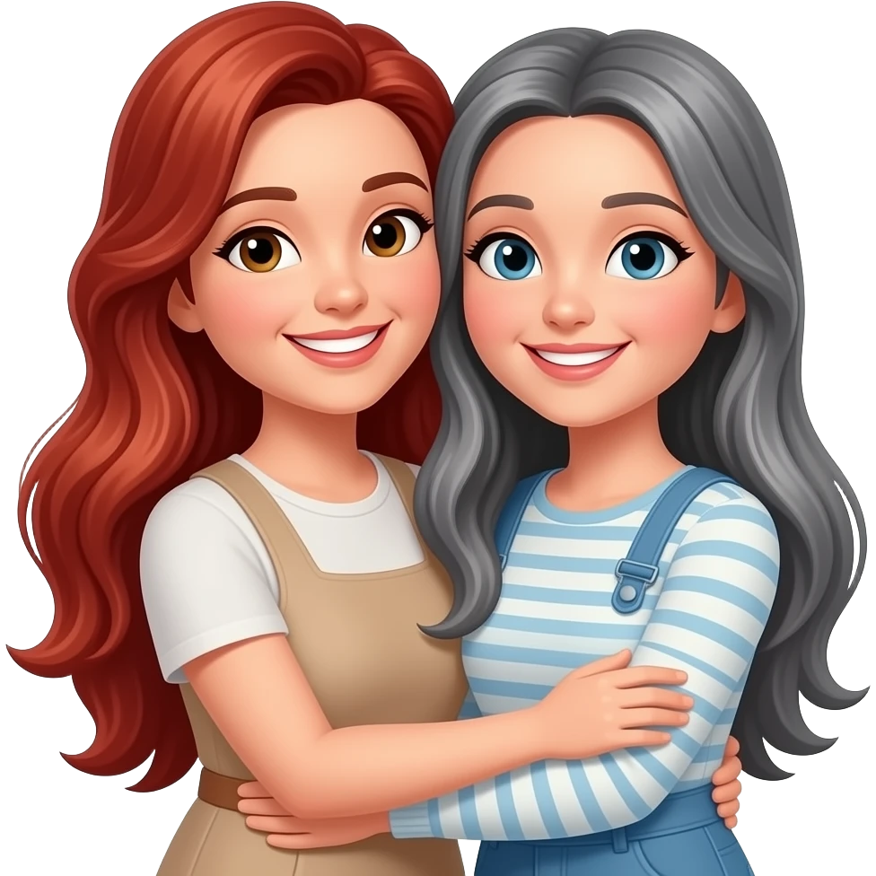 red LONG hair mother smiling with TALL grey long haired daughter smiling, hugging emoji