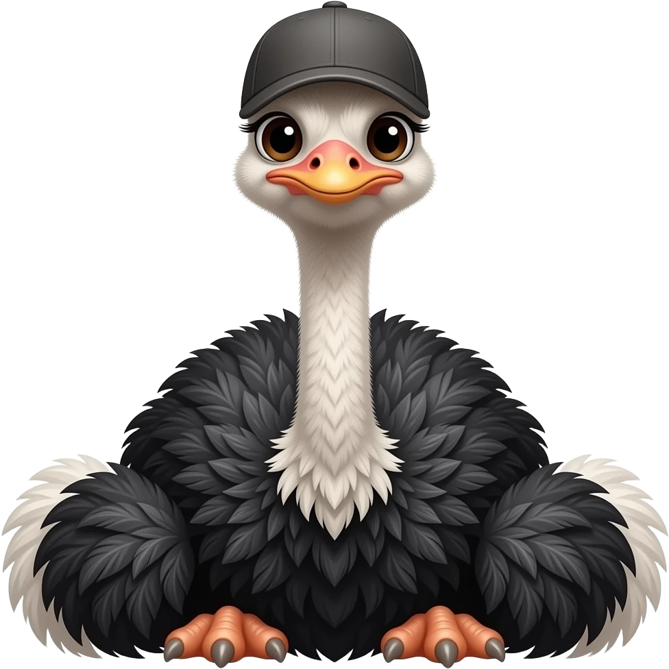 Ostrich sitting down facing the front and wearing a cap emoji