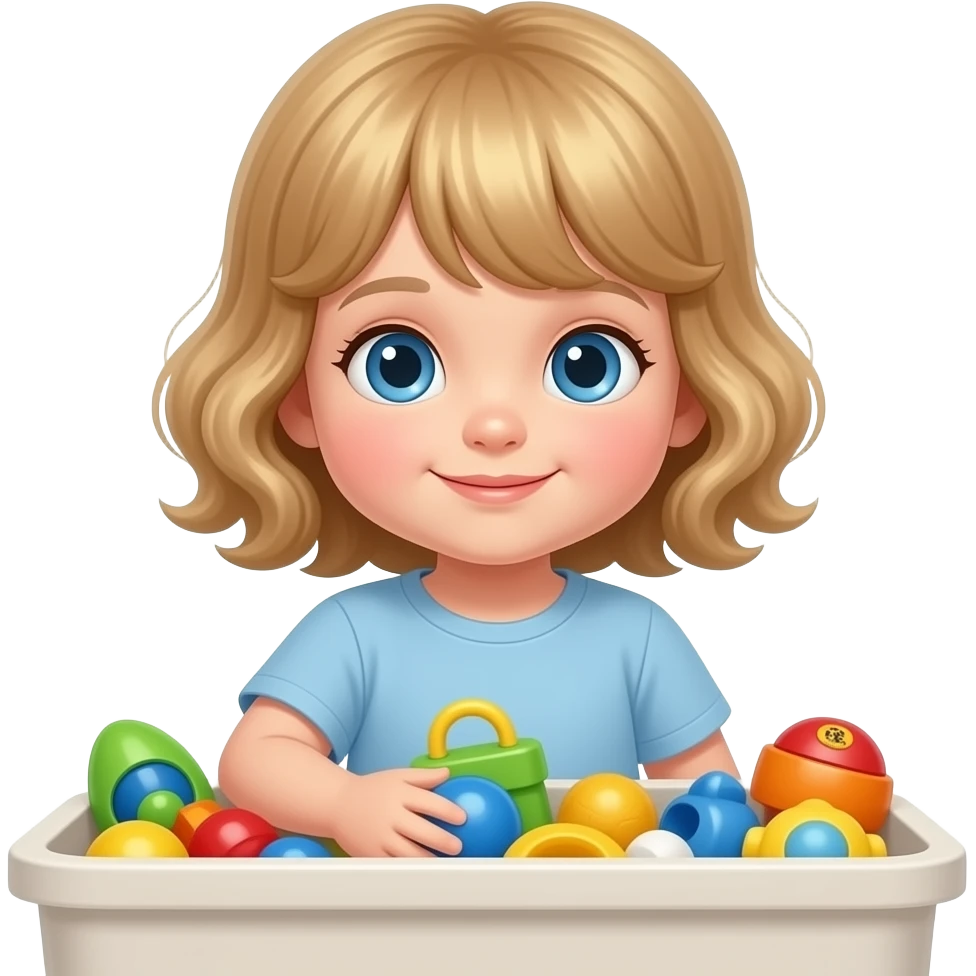 white kid blue eyes mid length with bangs soft curly hair to shoulders in color: middle to little darker blond, puts away toys in a bin emoji