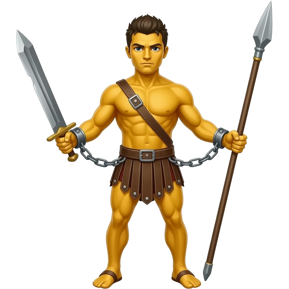 spartacus, minimal, full body, yellow skin, tipical emoji caracter style, more emojis style, more minimal, with weapons, more simplistic, emoji style, not to detail, not to cartoonish, not to realistic, shackles on wrist with broken chains emoji