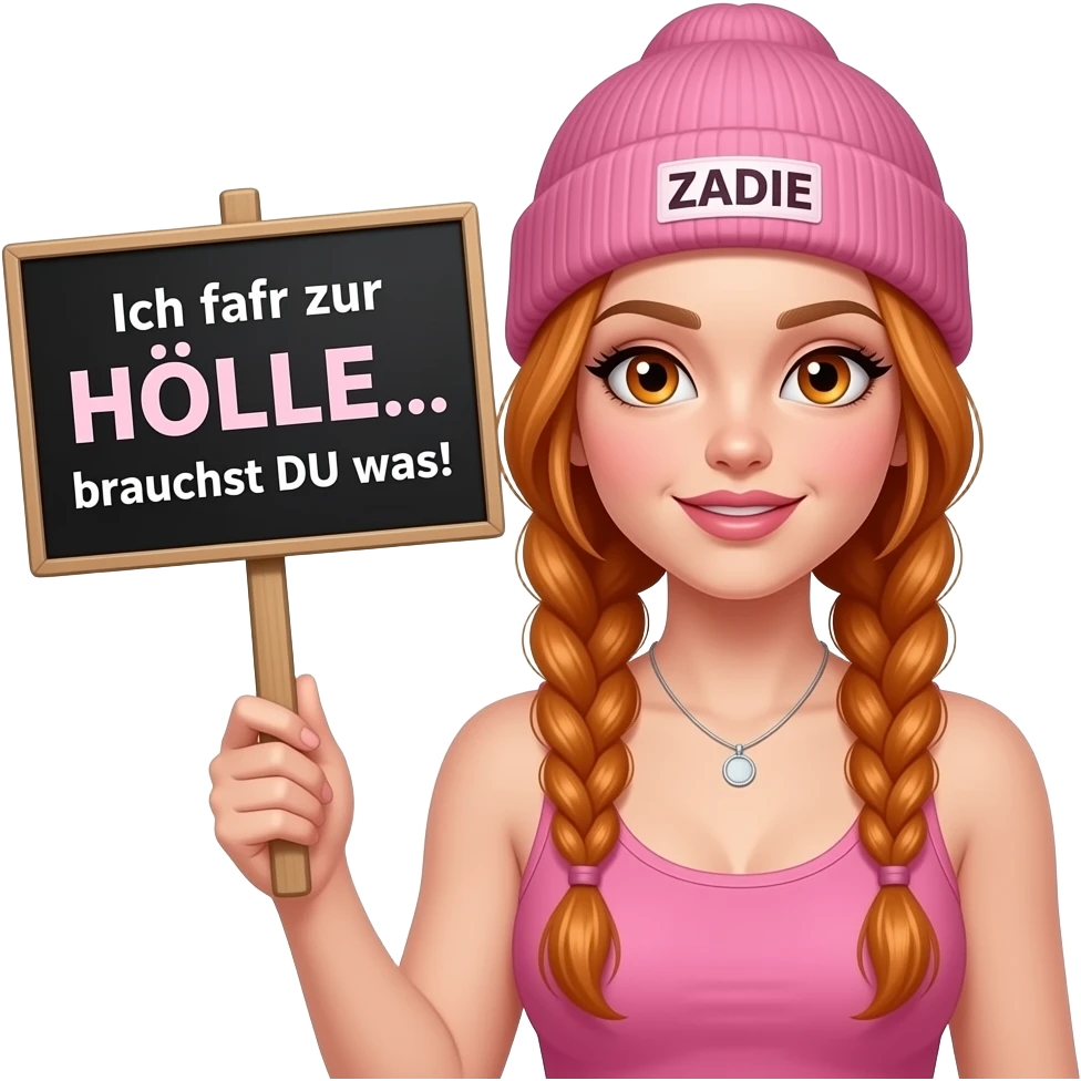 sexy girl with overlong ginger braids and ginger eyes wearing a pink tanktop and a pink beanie with ZADIE written on it, is holding a black sign with Ich fahr zur HÖLLE... brauchst DU was! written on it emoji