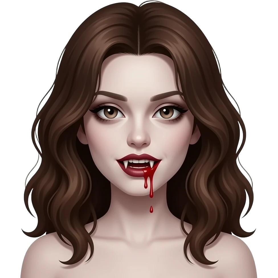 A vampire girl with wavy brown hair, fangs, and blood dripping from her mouth, a somewhat dark appearance with pale skin and not very pronounced dark circles under her eyes, in the style of iOS 16. emoji