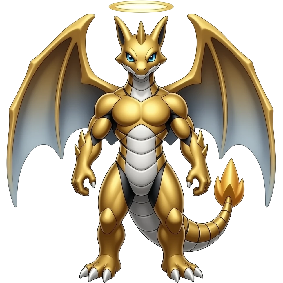 golden-bronze-silvery-gradient angelic Salamence-Tyranitar-Brony-Vernid-Fionbri-Fakémon-animal-hybrid, full body emoji