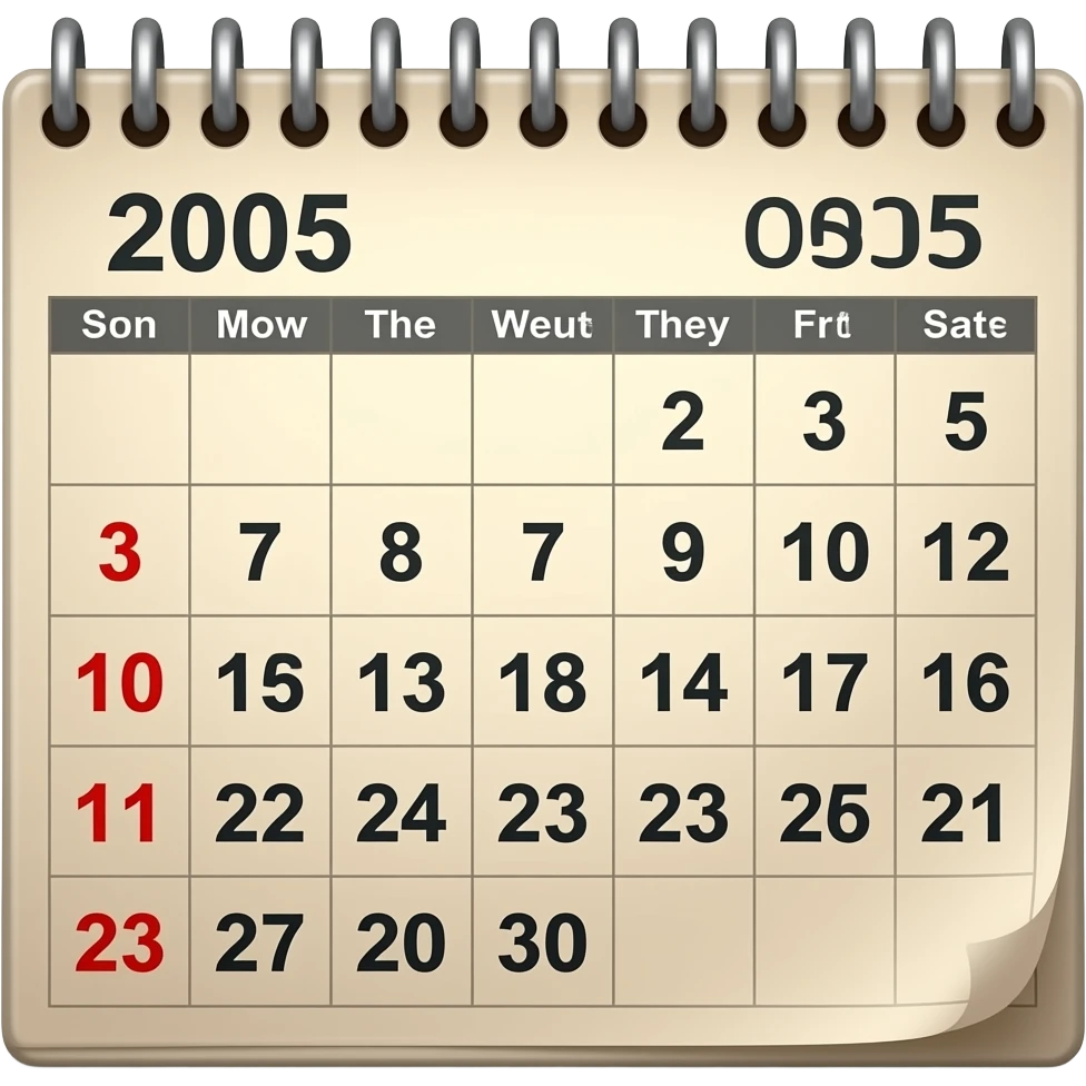 Generate a 2005 year calander, make it look old and out dated, make sure to keep the spellings and numbers correct emoji