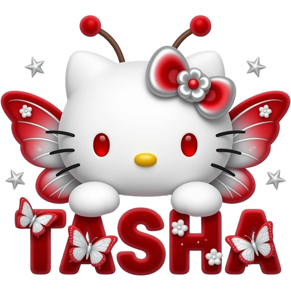White velvety fur 3D hello kitty head, red eyes, red silver ombre 3D ...