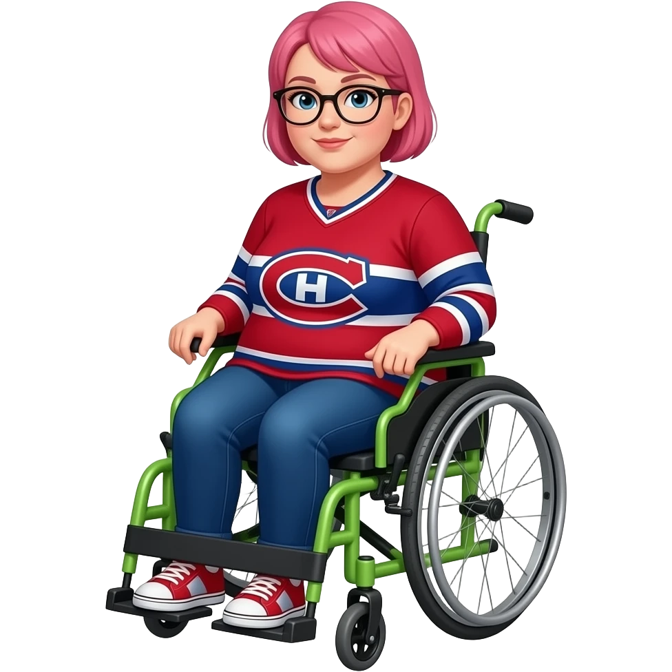 fat woman with extremely short pink hair and eye glasses canadiens jersey lime green electric wheelchair emoji