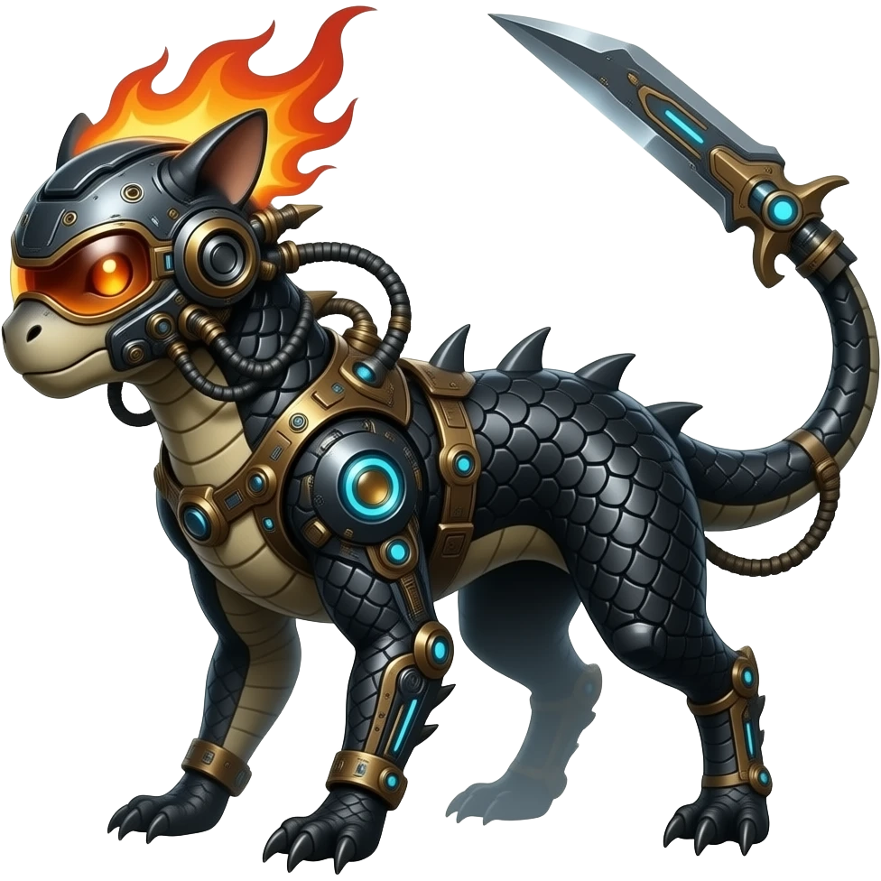 Cool edgy fiery bipedal scaly cybernetic visor-helmeted, Circuitry-patterned black-scaled digitigrade futuristic fantasy-Cyberpunk-Steampunk-Solarpunk-Sharpedo-Genesect-Cyclizar-Salandit-Protogen-Fakémon-hybrid, tail blade, back spikes emoji