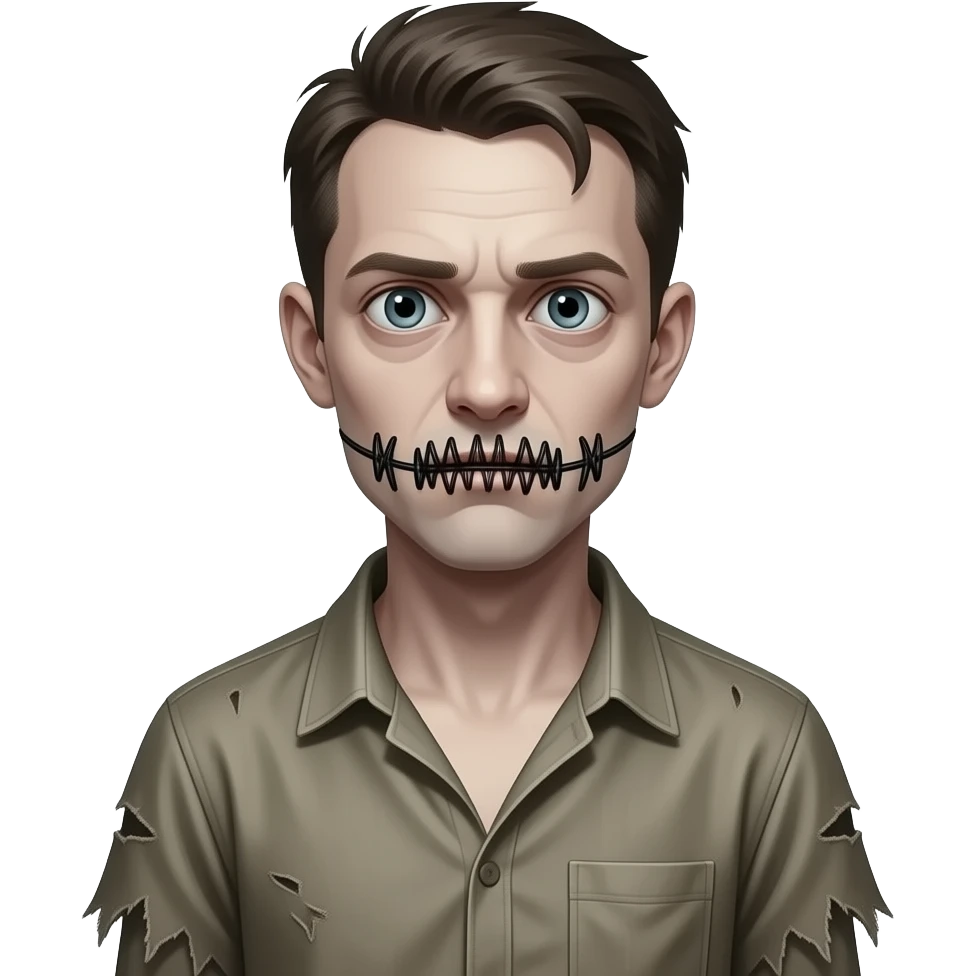 a standing tall pale man with massive eyes and a mouth sewn shut tightly with black thread scary, unnatural look, , very skinny raggedy clothes emoji