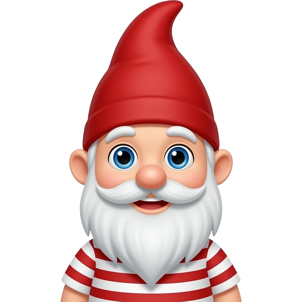 A cute smiling Gnome has a white beard , blue eye, striped white and red shirt and a red pointed hair emoji