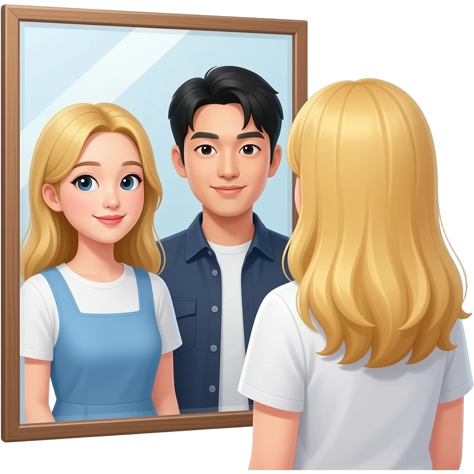 한국인이고 금발 머리색의 20대 여성과 한국인이고 흑발 머리색의 20대 남성이 거울샷 emoji
