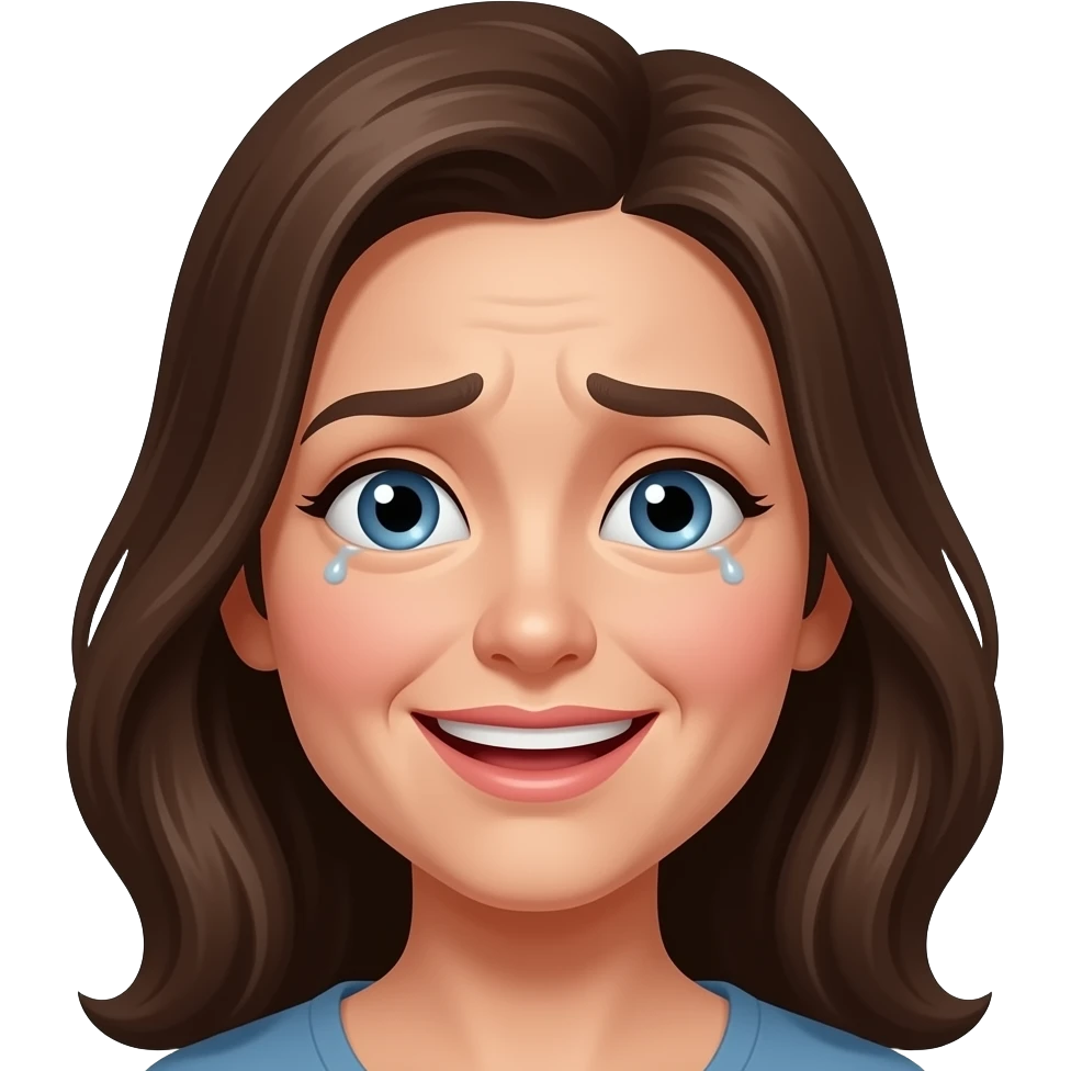 Create a shocked face that is laughing but in pain, make it femail, and make her smile a little bit emoji