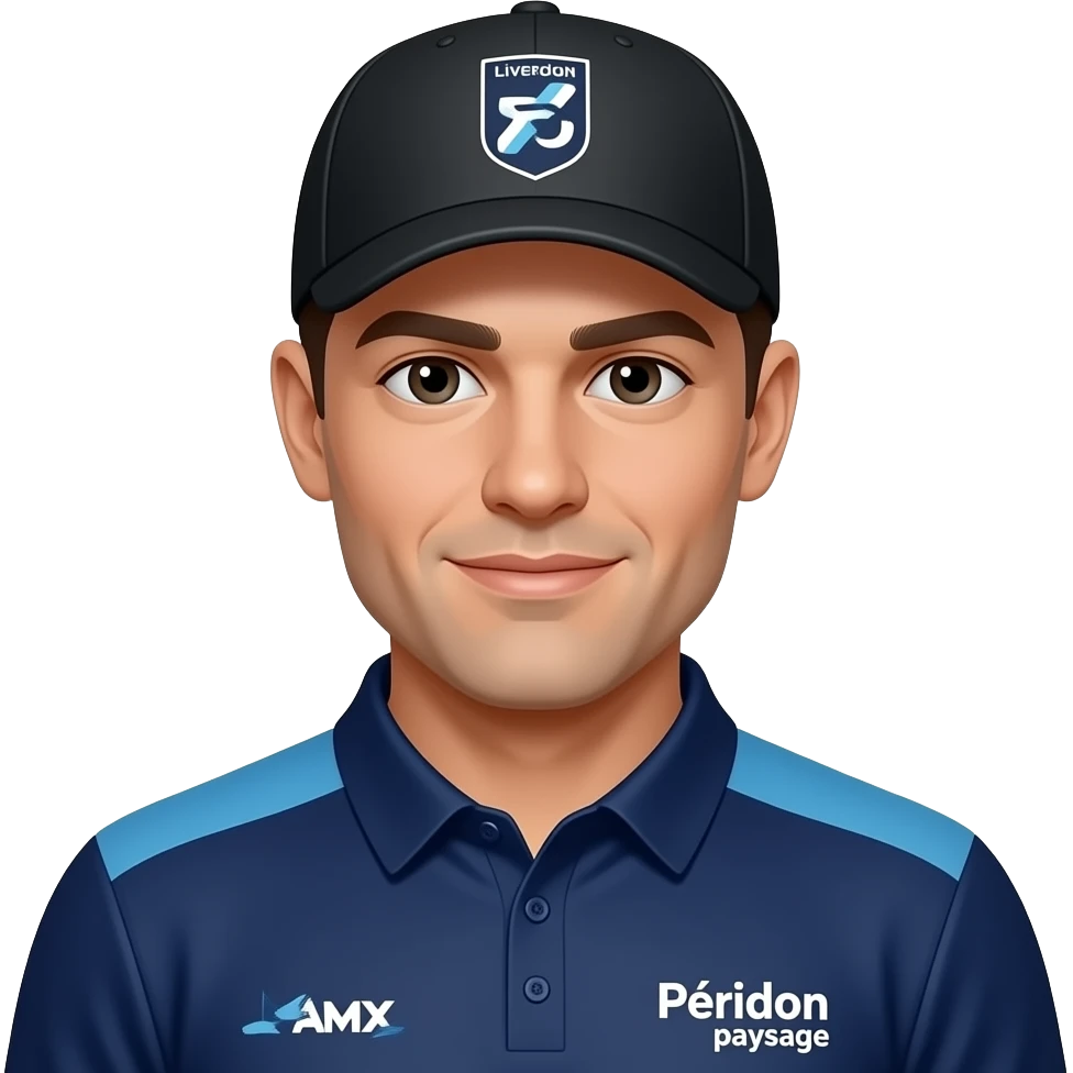 visage homme maillot bleu marine, col 2 boutons et épaules seules bleu clair et logo "Péridon paysage" casquette noire logo Liverdun emoji