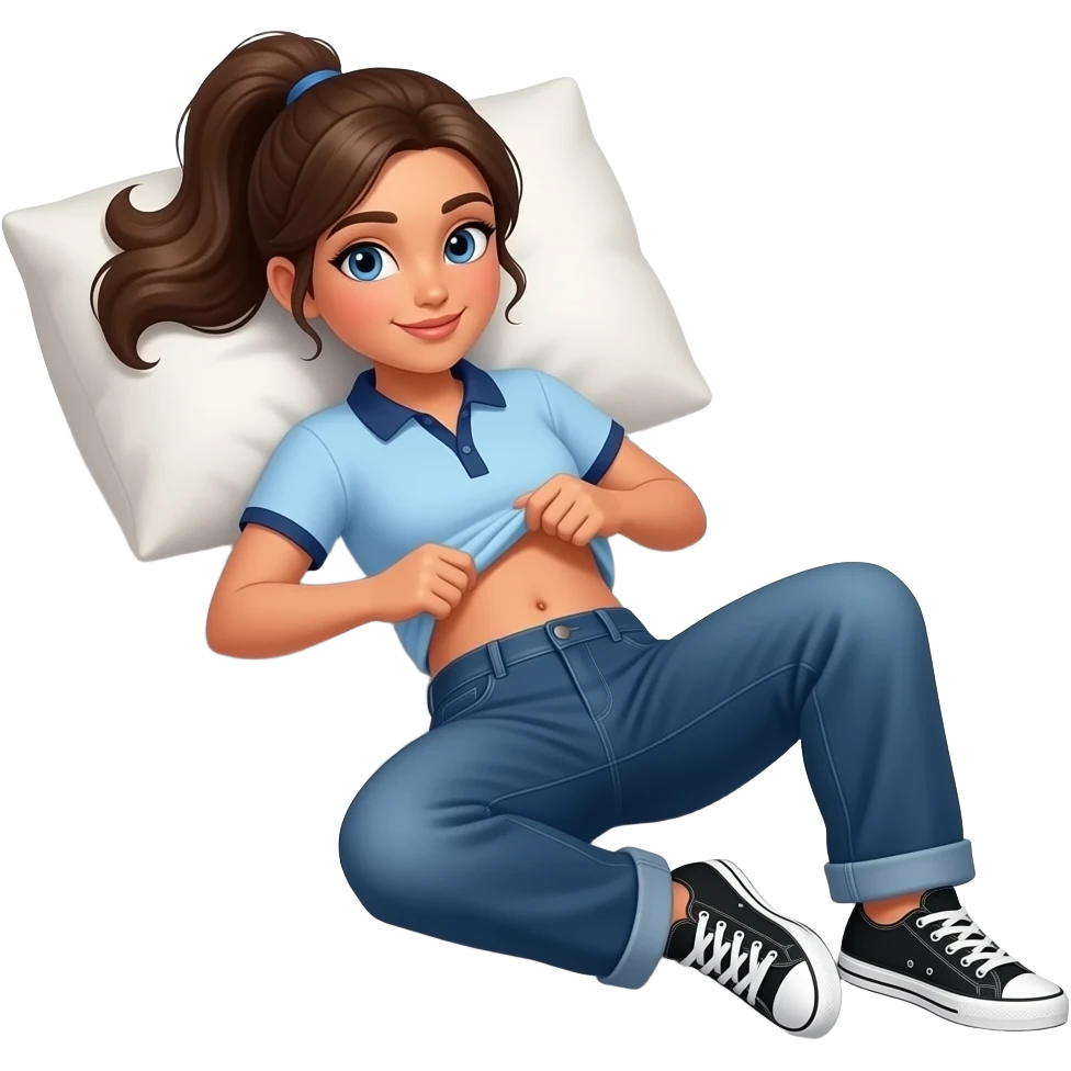 Hispanic girl with brown ponytail and blue eyes light blue dark blue lined polo and dark blue baggy jeans and belly button and black and white sneakers laying down on the pillow in bed lifting her shirt funny belly emoji