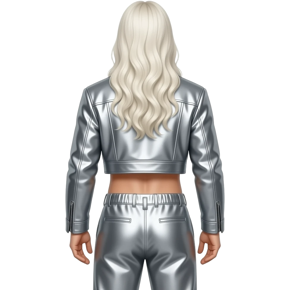 Bill Kaulitz from behind with long white blonde hair, silver metallic jacket crop top, silver metallic baggy pants, shirtless emoji