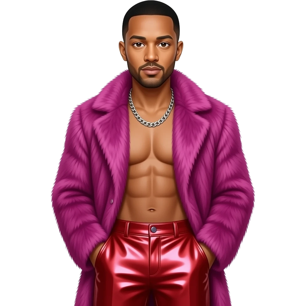 John Legend with brown eyes, black buzz cut hair, fuchsia fur coat, crimson metallic baggy pants, shirtless with necklace emoji