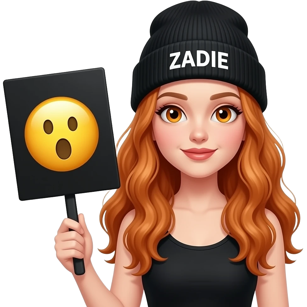 sexy girl with overlong wavy ginger hair and ginger eyes wearing a black tanktop and a black beanie with ZADIE written on it, is holding a black sign with 😲 on it emoji
