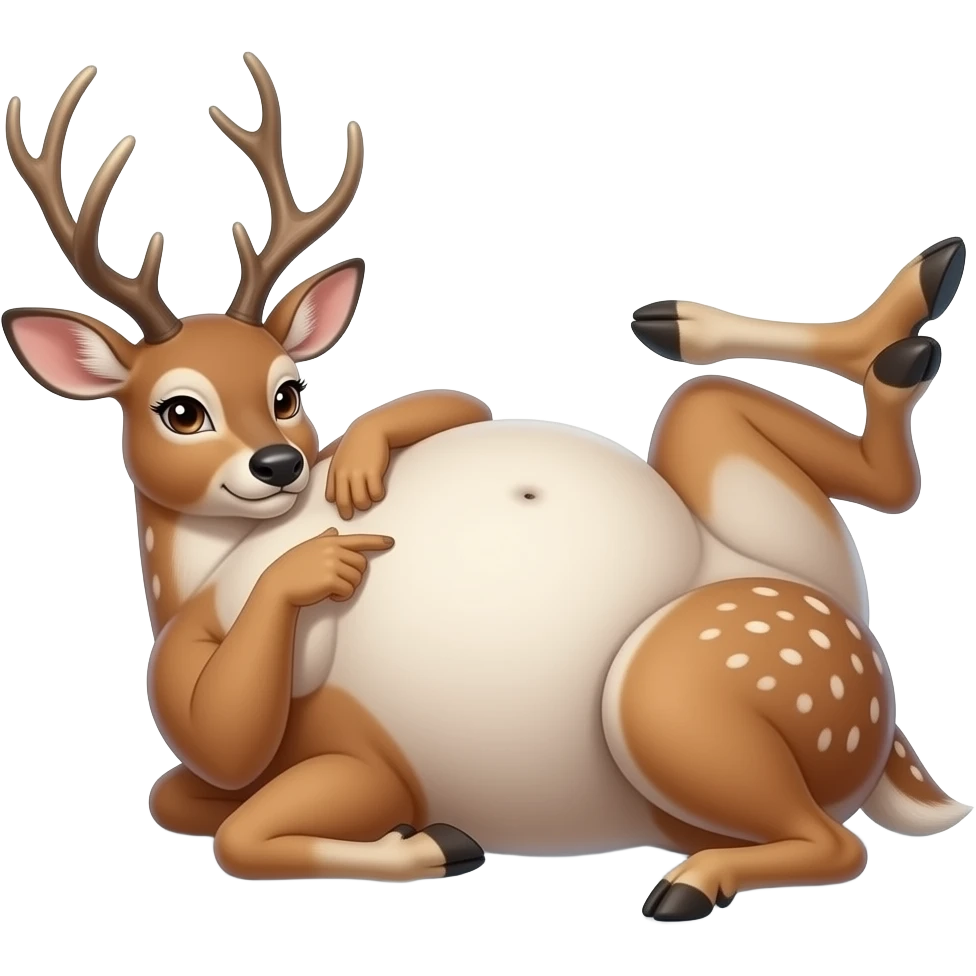 A female deer/doe is sprawling on her back unable to move,she got stuck by her own massive obese tummy,couldn’t even try defend her bellybutton from fingering tickling pokers,she is that Fat,She is too full for fun right now,that deer is going to pop. emoji