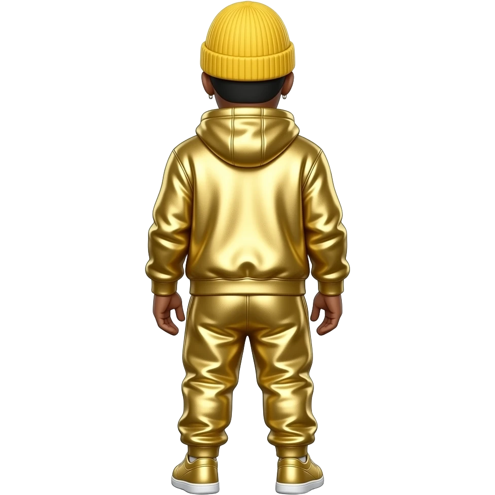 Ali G from behind with yellow beanie, gold metallic hoodie, gold metallic baggy joggers, necklace emoji