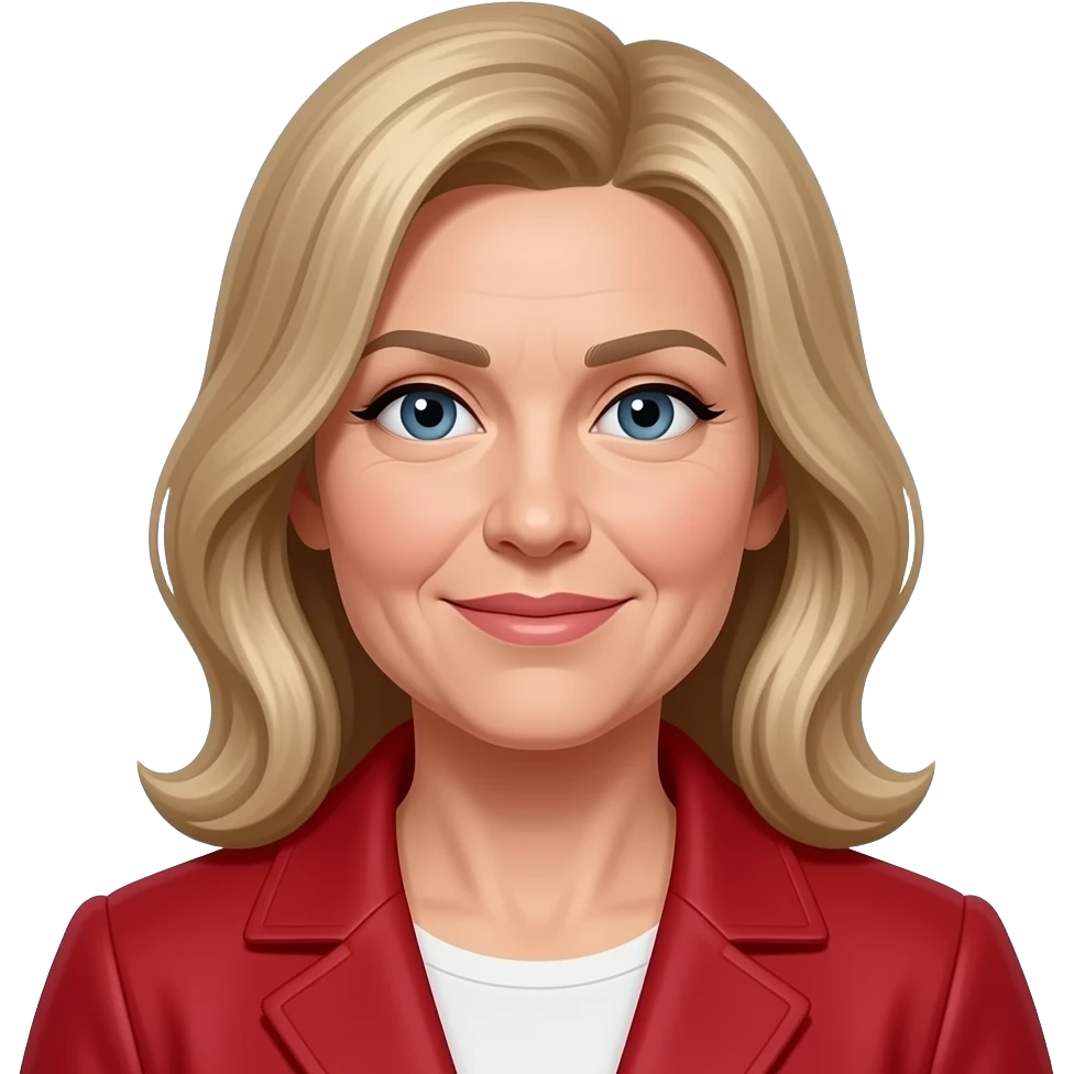 female over 50 below shoulder dirty blonde hair parted on side with red jacket emoji