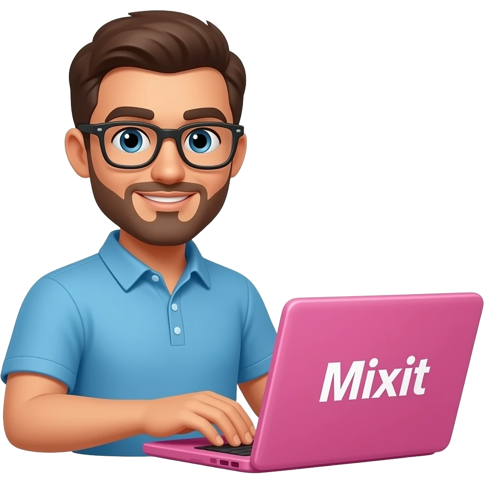 Создай эмодзи который работает за розовым ноутбуком и на нем написано Mixit emoji