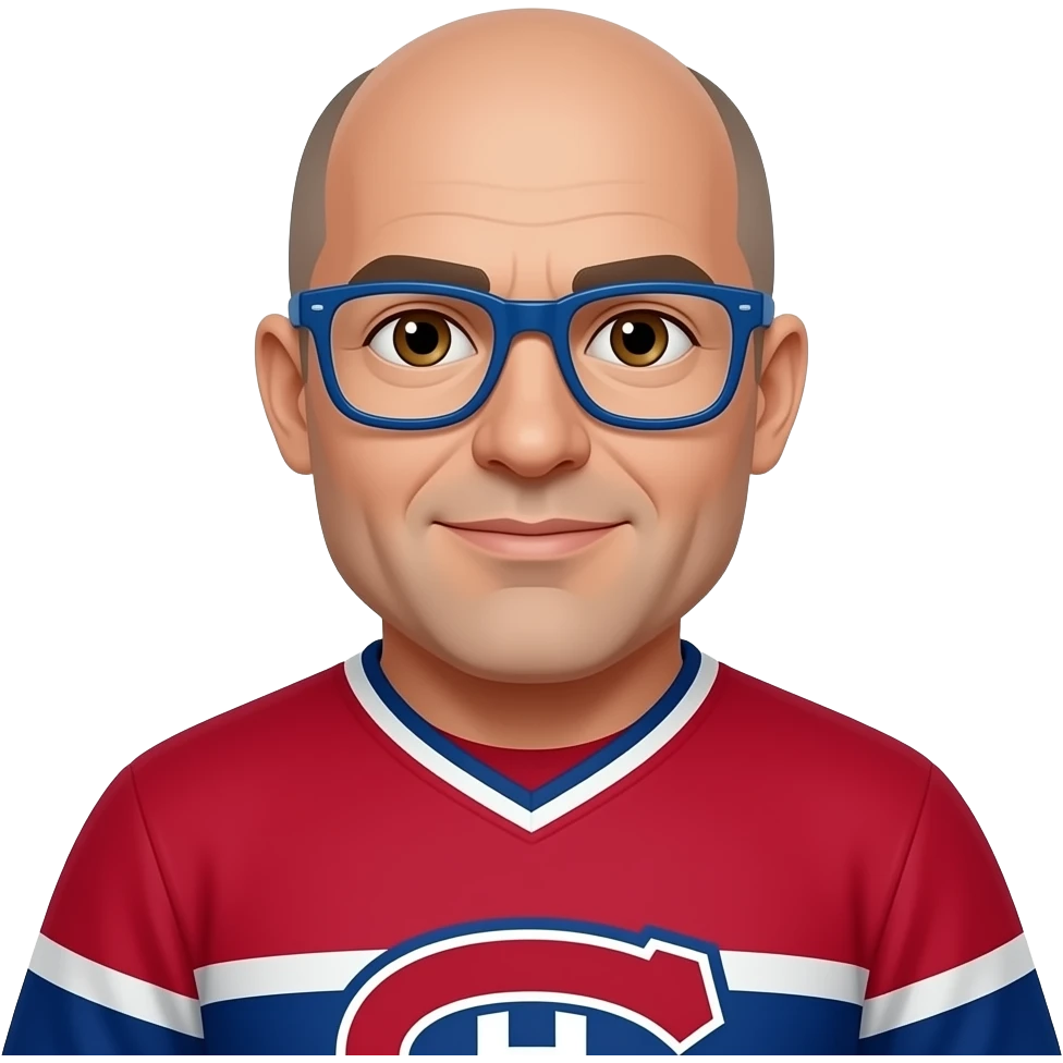 50 year old 180 lbs man, completely Bald, no hair, brown eyes, wearing blue glasses and montreal canadiens jersey emoji