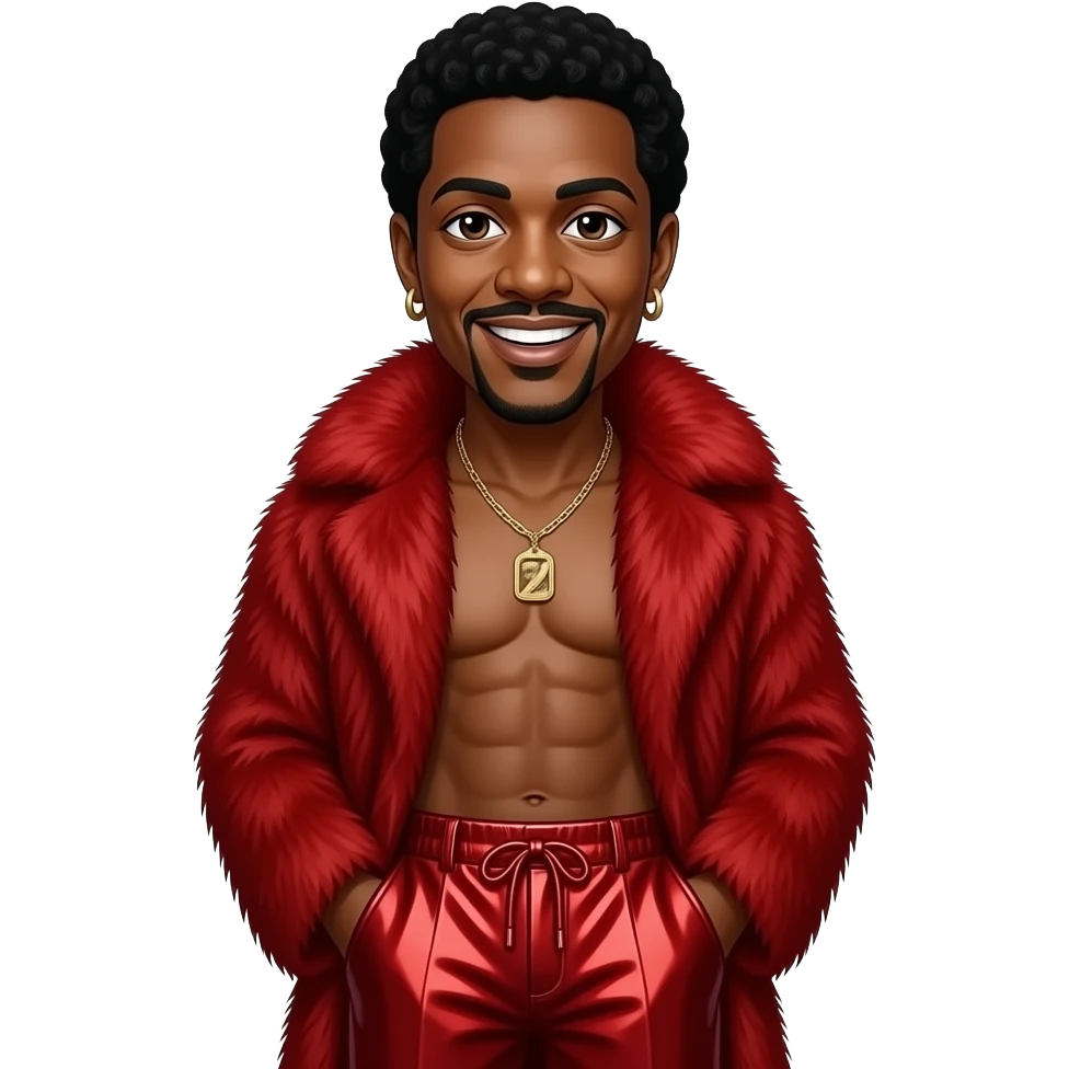Marvin Gaye with brown eyes, black hair, crimson fur shawl, crimson metallic baggy pants, shirtless with necklace and earrings emoji