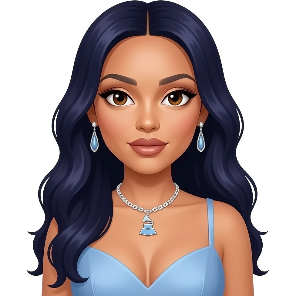 Cardi B with brown eyes, long dark indigo hair, periwinkle grammy dress, necklace and earrings emoji