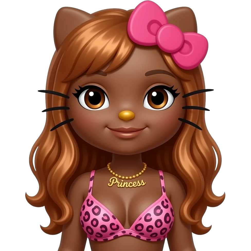 Big breast, Dark brown skin hello kitty girl, Doll shaped face, doll eyes, copper hair, “Princess”  necklace, with pink leopard print bra emoji