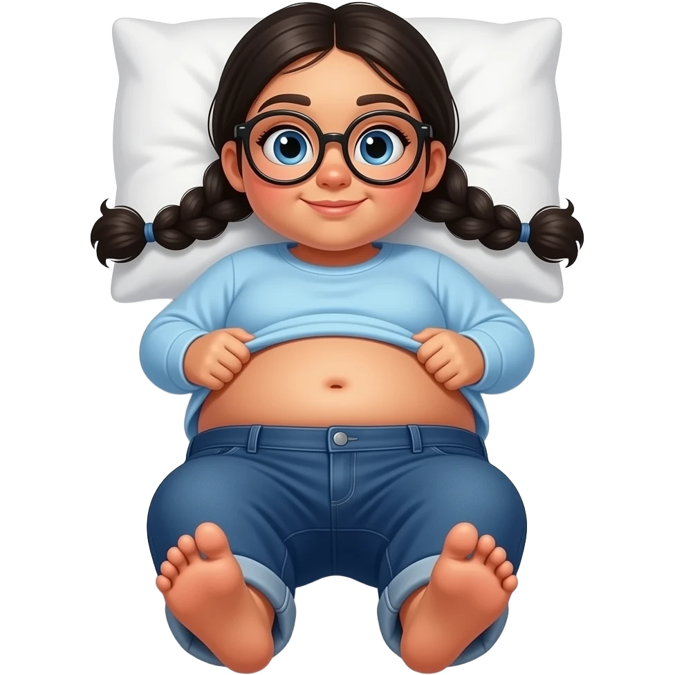 Obese Hispanic little girl with black pigtails and blue eyes rounded black glasses plain light blue long sleeve shirt and dark blue baggy jeans and belly button laying down on her pillow on her bed showing her feet lifting her shirt all the way up emoji