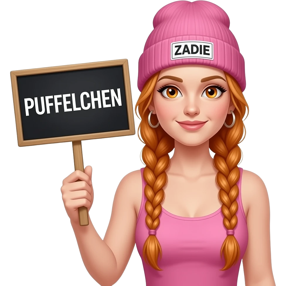 sexy girl with overlong ginger braids and ginger eyes wearing a pink tanktop and a pink beanie with ZADIE written on it, is holding a black sign with PUFFELCHEN on it emoji