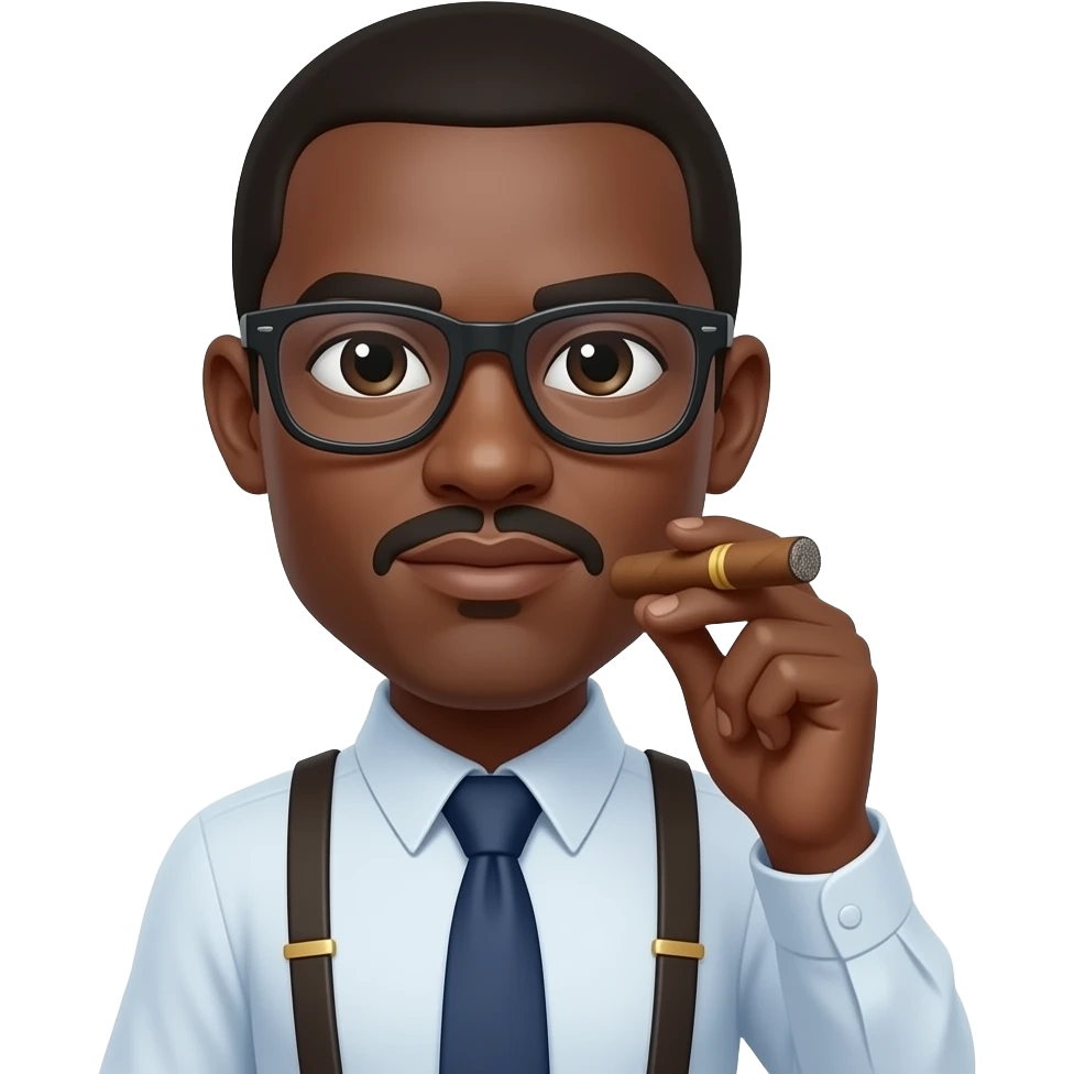 Black man boss looks with dress shirt and suspenders and cigar and spectacles emoji