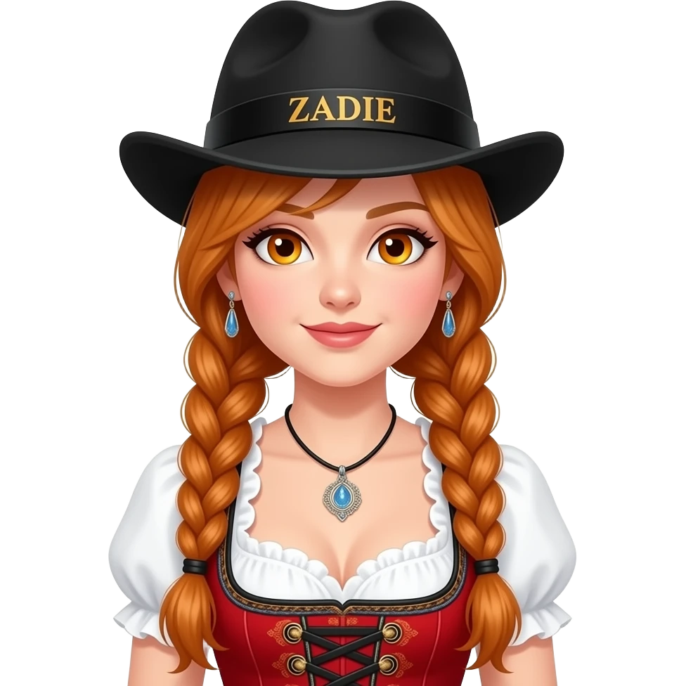 sexy girl with overlong ginger braids and ginger eyes is wearing a red dirndl and a black bavarian hat with ZADIE written on it emoji