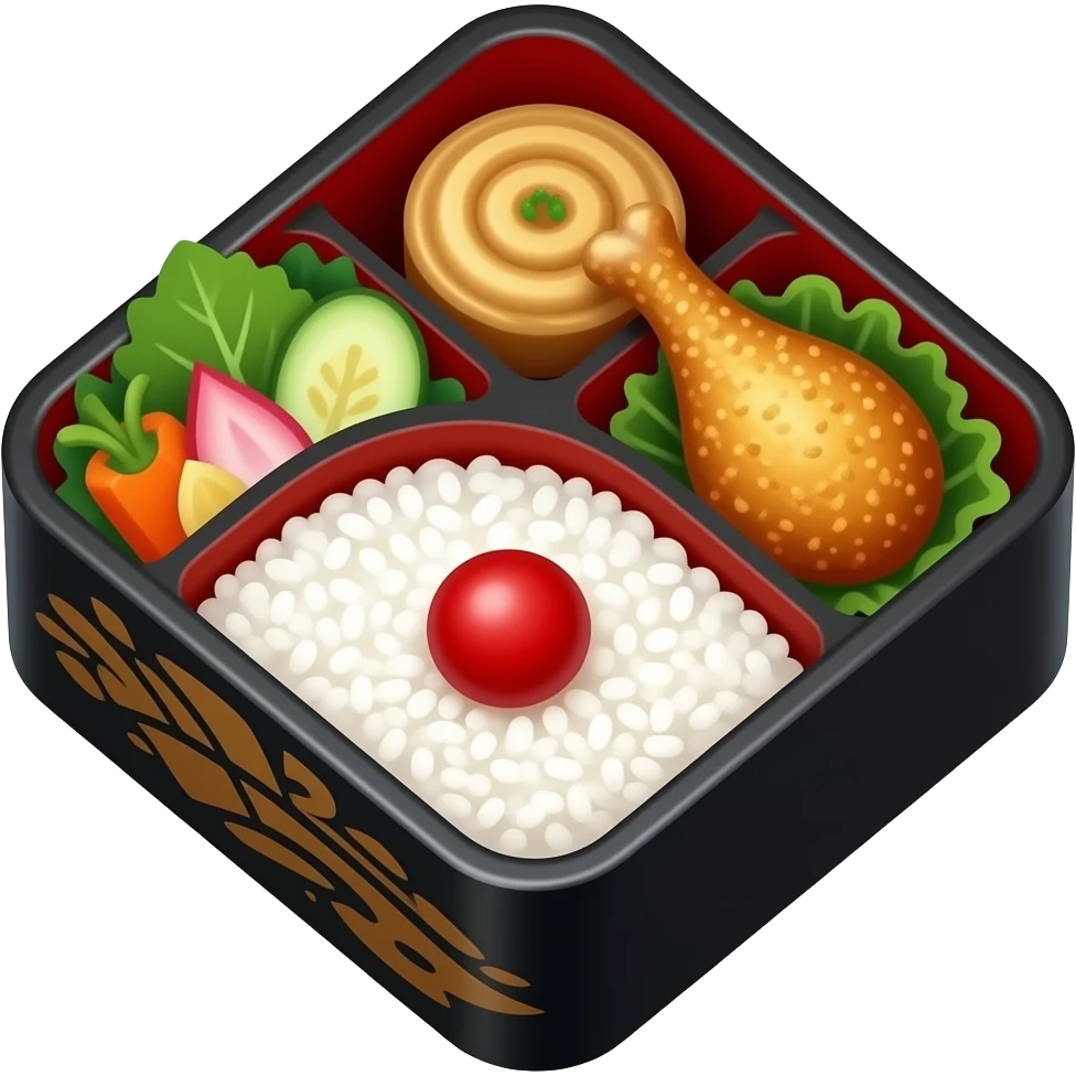 3D emoji style Japanese bento box, black rectangular lacquer box 
divided into sections with white rice, a piece of fried chicken, 
colorful vegetables, and a red umeboshi on rice, 
top-down view, Apple emoji aesthetic, soft highlights, 
transparent background, bold simple shapes emoji