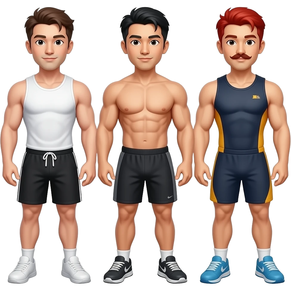 Gay throuple, one white guy with brown hair in a tank top and short shorts, one muscular Asian man with great hair in a gym outfit, and one redhead with a mustache. emoji