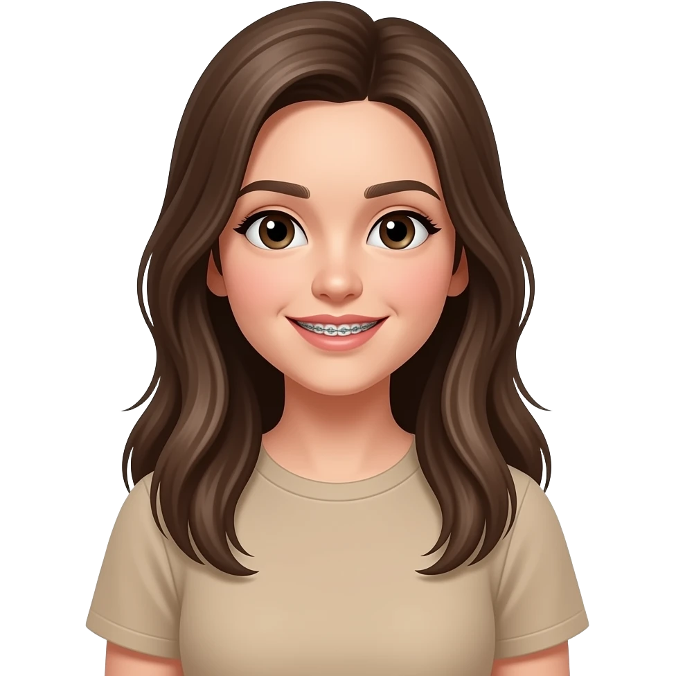 Девушка с брекетами в бежевой футболке и длинными волосами emoji